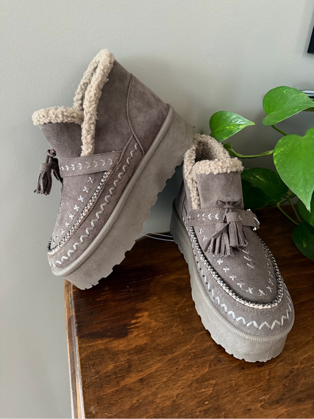 Taupe Faux-Shearling Platform Tassel Mules
